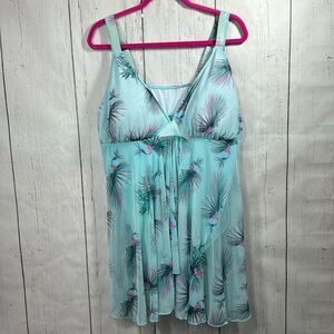 Fit 4 U Womens Plus Floral Print Mesh Splicing Blue Green One Piece Swimsuit